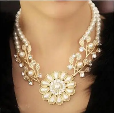 

South Korea-Style Pearl Diamond Set Short Necklace Exaggeration Flower Pendant Choker Women's Sweater Chain