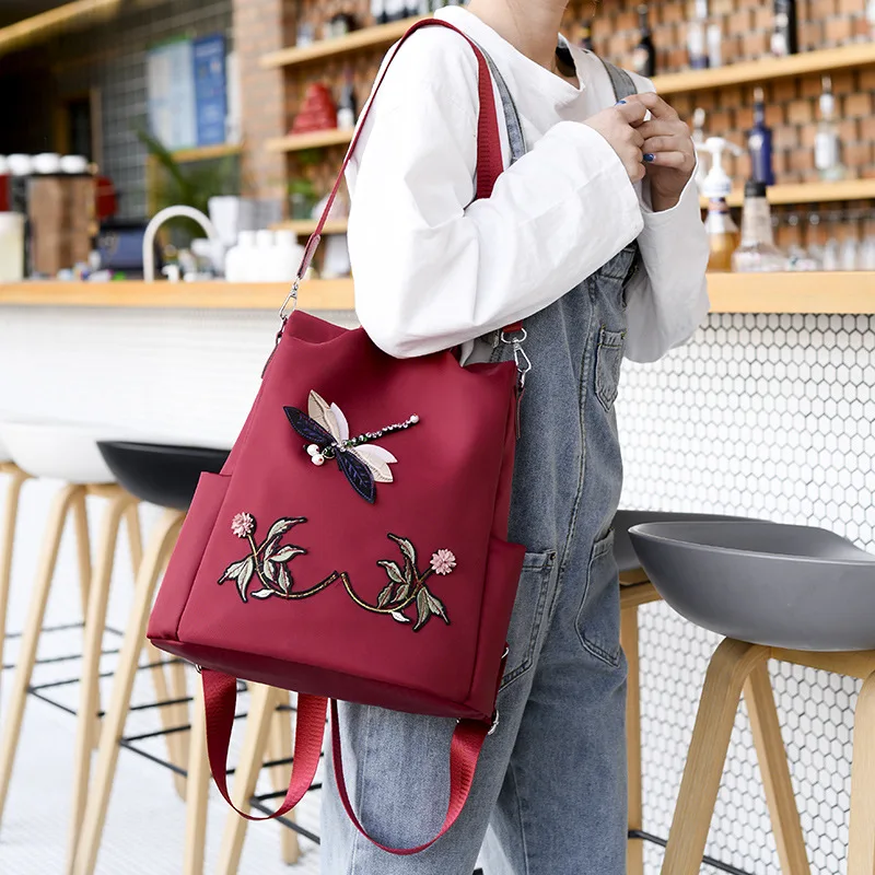 Fashion Embroidery Dragonfly Women Backpack High Quality Waterproof Oxford Shoulders Bag Female Casual Anti-theft Travel Handbag