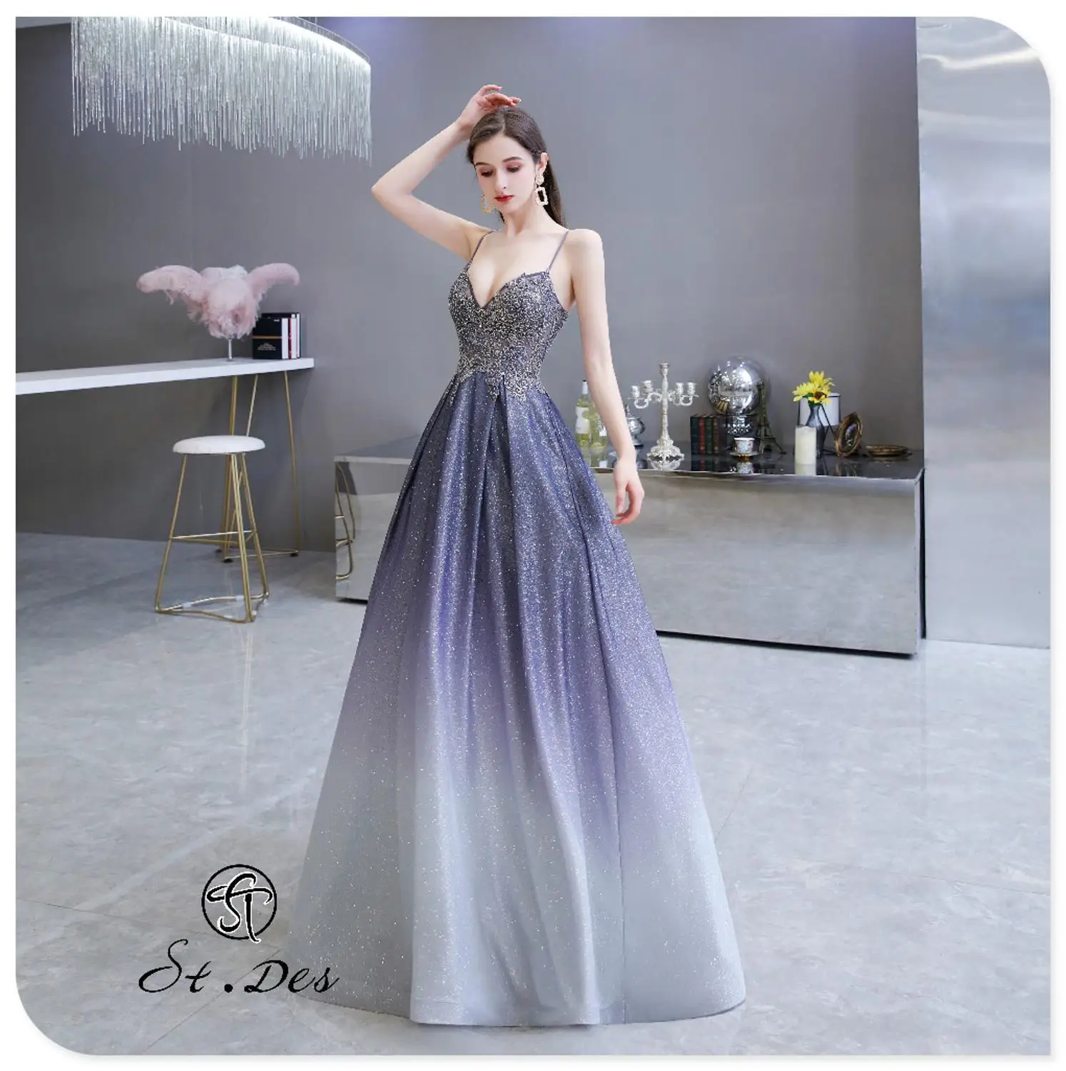 

S.T.DES Evening Dress 2020 New Arrival Starry Night Beading A-line V-Neck Sleeveless Floor Length Party Dress Dinner Gowns