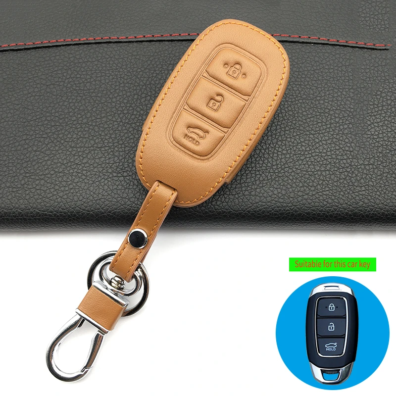 For Hyundai Top layer leather Genuine Leather car key cover 3 button remote control fob chain case Accessories | Автомобили и