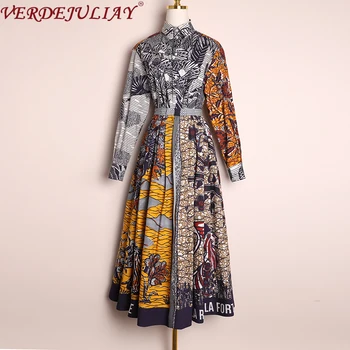 

VERDEJULIAY French Fashion Vintage Twinset Women Romantic Runway Print Casual Shirt + Button Fly Split Midi Skirt Cotton Suit