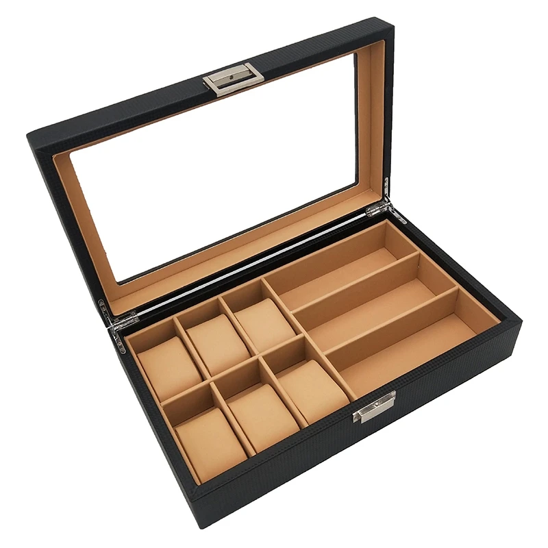 High Class Carbon Fiber 6+3 Mix Grids Watch Box Case Sunglasses Holder Storage Jewelry Collection Glasses Watch Display Holder