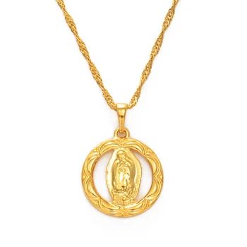 

Anniyo Round Virgin Mary Pendant Necklaces Women Girls Gold Color Our Lady Jewelry Catholic Religious Ornaments Gift #072004