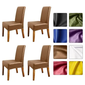 

Stretch Solid Pu Leather Waterproof Dining Chair Cover Slipcover Removable Washable Short Dining Chair Protector Seat 4pcs