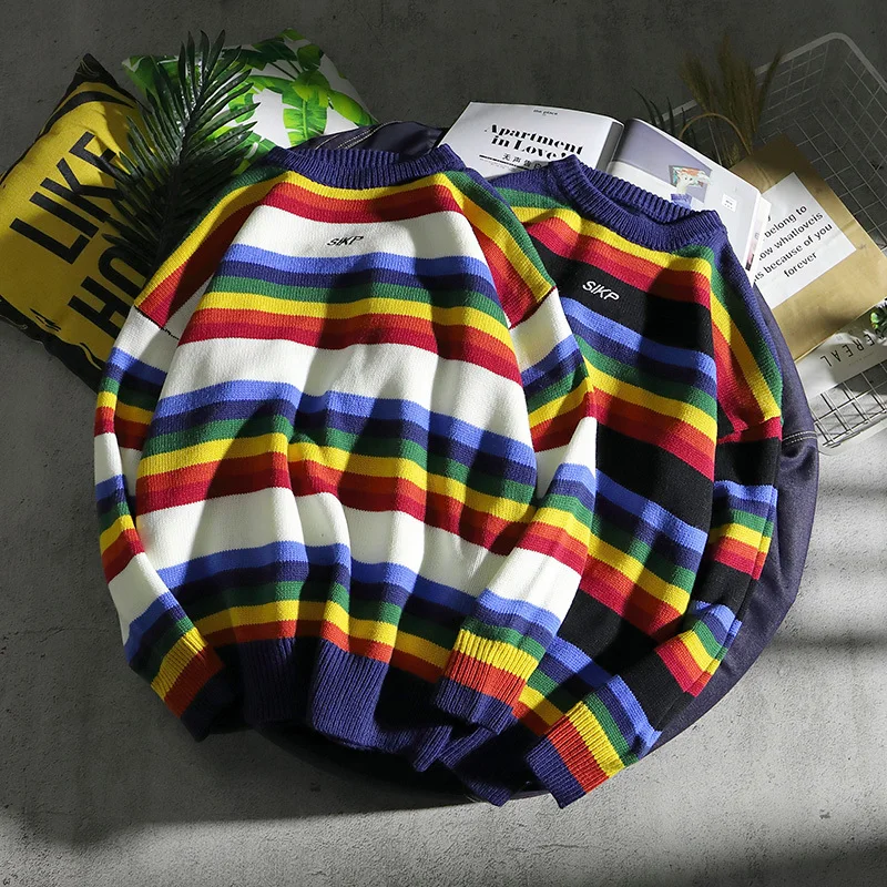 Autumn New Color Striped Sweater Men Warm Fashion Sweter Clothes Casual Knit Sweaters Man Loose Long-sleeved Pullover Men M-2XL