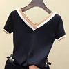 V-Neck Short Sleeve Shirt Women Contrast Color Striped Knitted 2022 Summer Tops Shirt Korean Clothes Femme Camisetas Mujer 13362 ► Photo 3/6