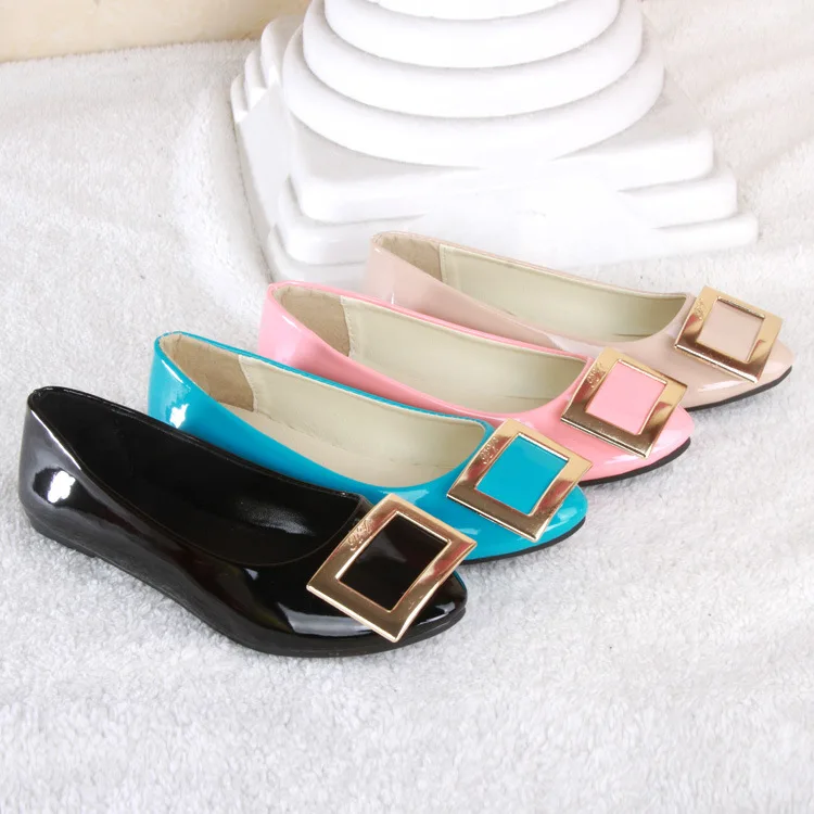 

Women Shoe New Style Fashion Cute Metal Pointed-Toe Bright Skin Candy-Colored Surface Flat Heel Shoes Side Scoop Bootie Flat