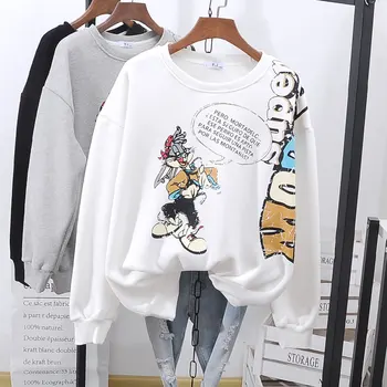 

European New Spring Cartoon Pattern Loose Sweatshirt Round Collar Plus Velvet Casual Letter Hoodie Lamb Wool Shirt Tops