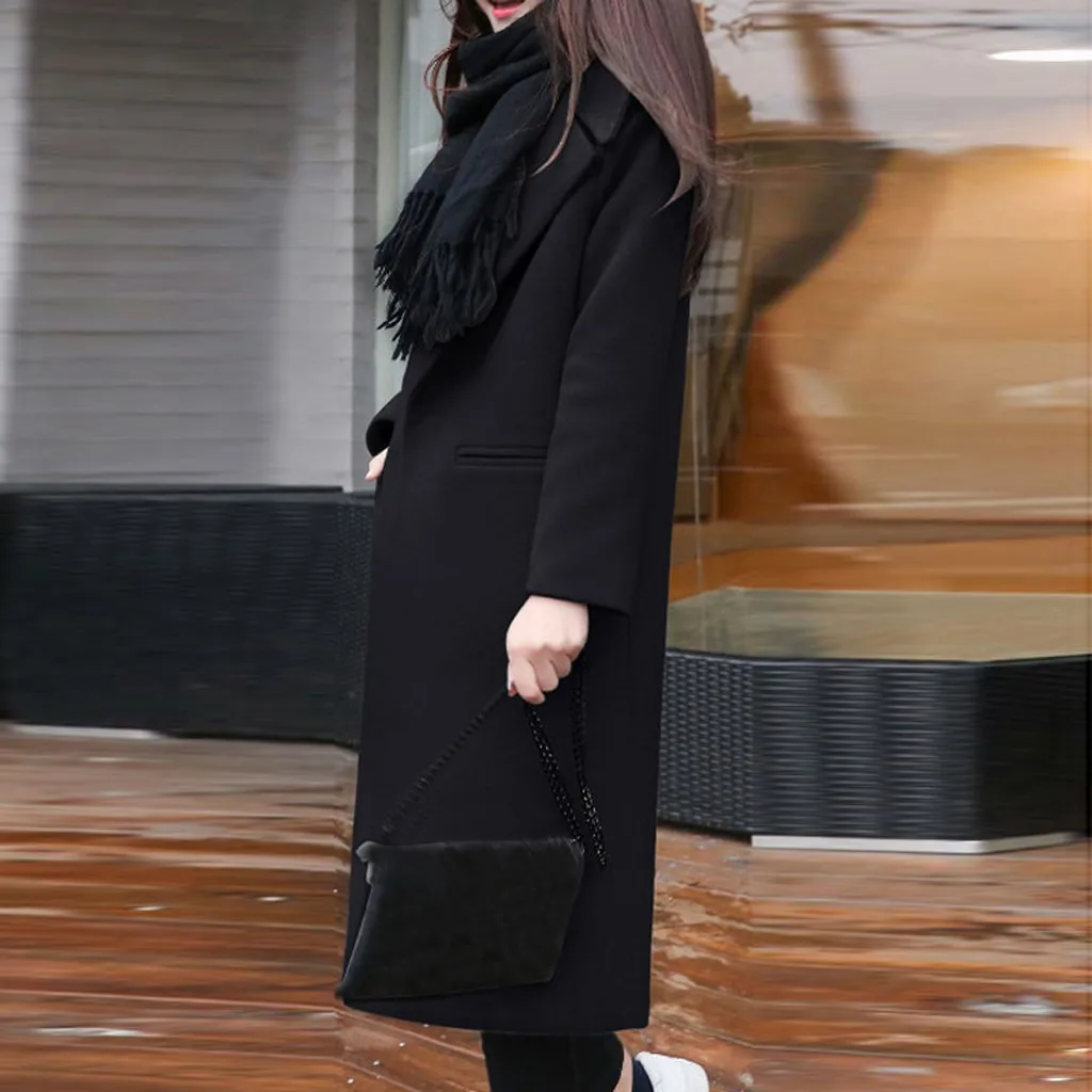 Женское шерстяное пальто размера плюс осень зима Модное Новое винтажное элегантное однотонное пальто на пуговицах с отворотом кашемировое шерстяное зимнее пальто