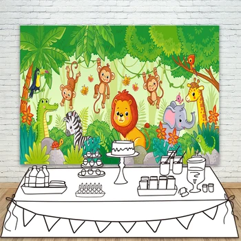 

Jungle Safari Theme Birthday Party Background Lion Monkeys Giraffe Zebra Backdrops for Photography Kids Baby Photo Background