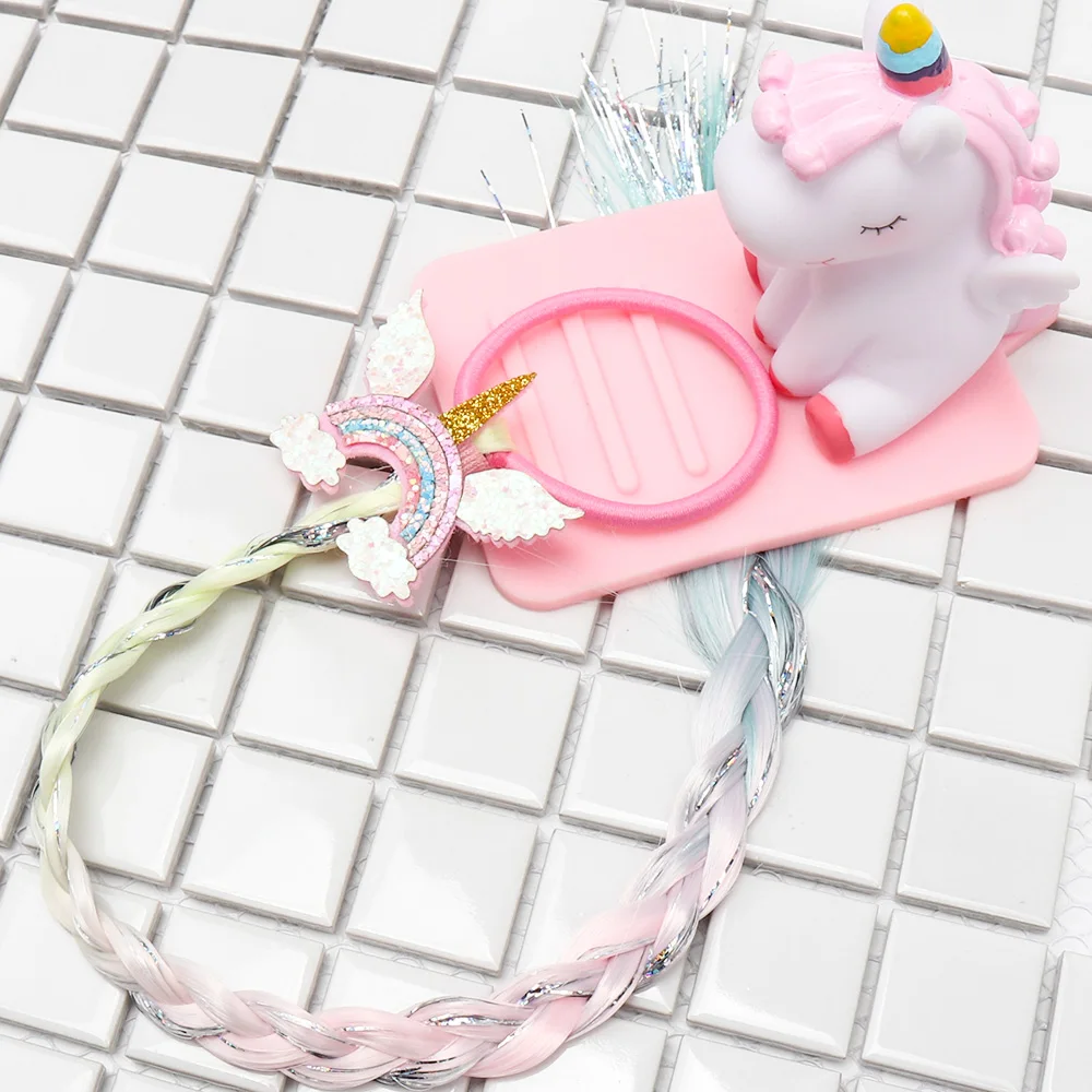 CN 6 Pcs/lots Unicorn Elastic Hair Bands With Long Wig For Girls Kids Cartoon Glitter Rainbow Ponytail Holder Hair Accessories