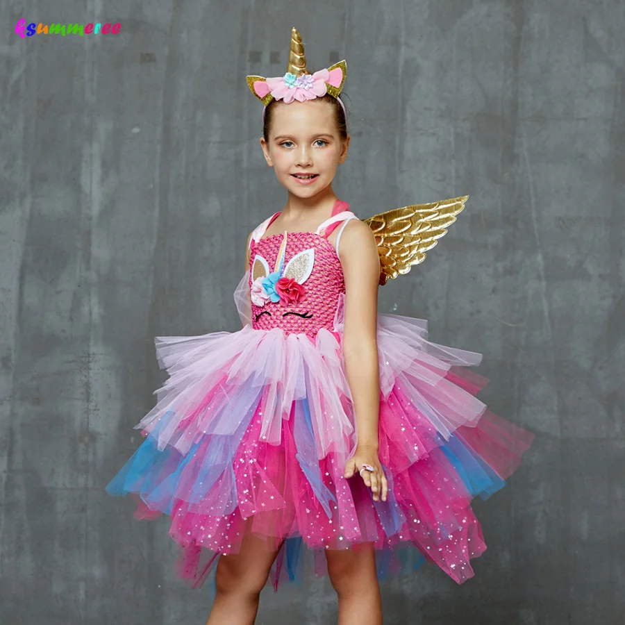 Layered Flower Girl Unicorn Tutu Dress with Headband Wing Sequins Birthday Party Halloween Cosplay up Costume | Детская одежда и