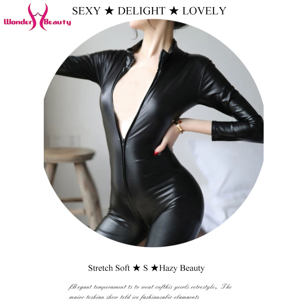 Long Sleeve Wetlook Faux Leather Jumpsuit Open Crotch Zipper PVC Catsuit Latex Fetish Wear Catwomen Halloween Costume (6)