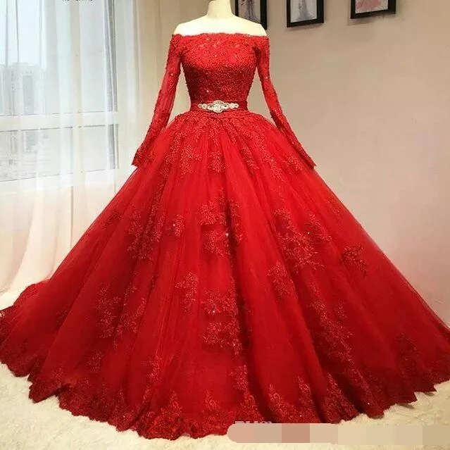 Ho vestido debutante нежное красное бальное платье Бальные платья с открытыми плечами Длинные рукава Кружева Аппликация Сладкий 16 платье для выпускного вечера - Цвет: red