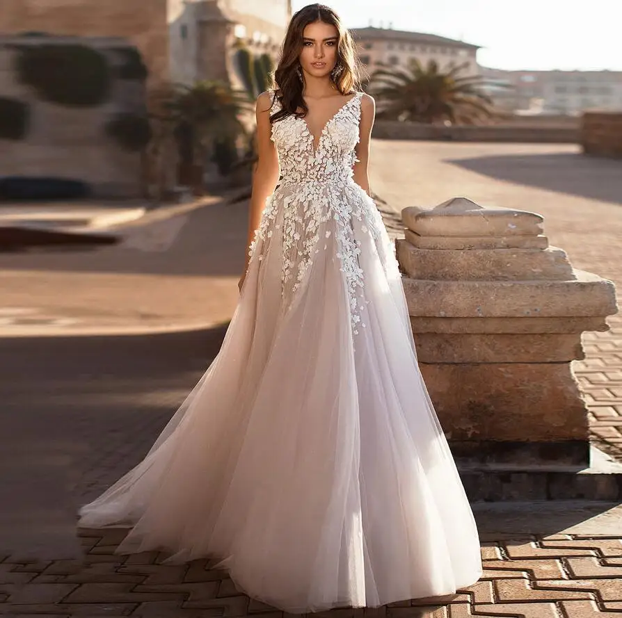 Photo color Романтическое свадебное платье с v-образным вырезом без рукавов Vestido De Noiva, аппликация, тюль, а-силуэт, подвенечные свадебные платья, подгонянные цвета - Цвет: Photo color