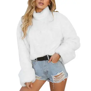 

New Woemn Casual Warm Plush Winter Autumn Tops Turtleneck White Sweater Solid Color High Collar Long Sleeve Pullovers Female