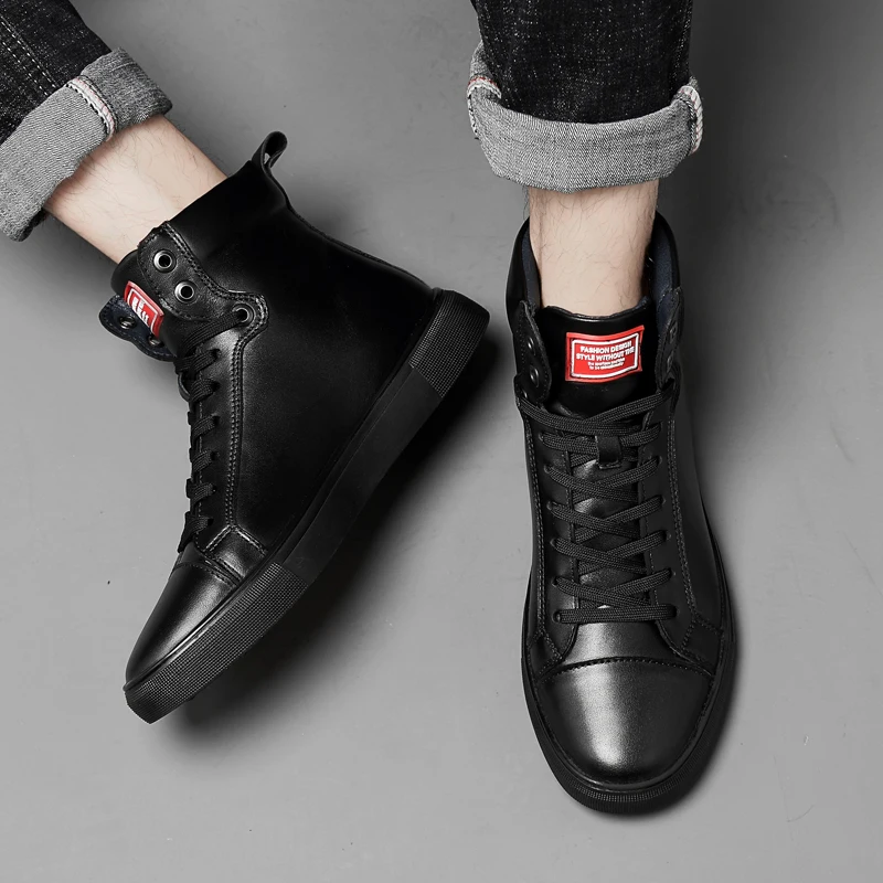

Genuine Leather Ankle boots men black large size winter boots men shoes warm fur snow boots men wear-resistant 2019 New