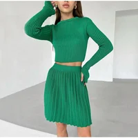 Knitted Suit With Skirt Women Solid 2021 Autumn Mini Pleated Skirt And Long Sleeve Slim Crop Pullover Lady 2 Pieces Sets Fashion