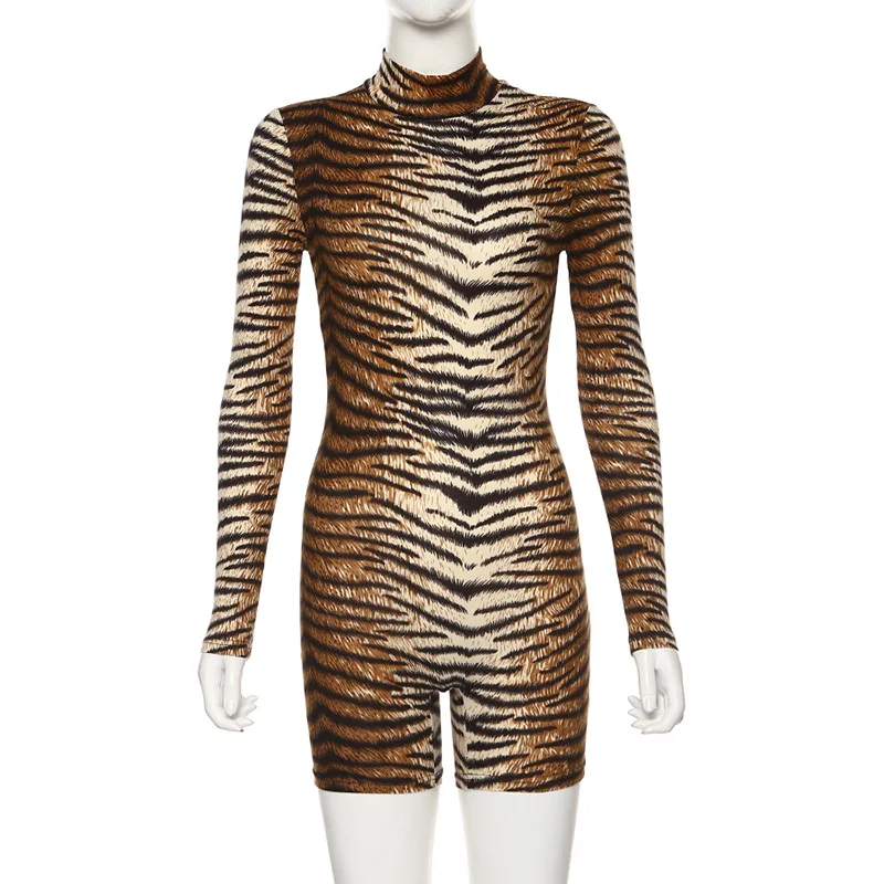tiger print Женские леопардовые комбинезоны с криптографическим принтом, водолазка с длинным рукавом, комбинезоны, повседневные боди, модные женские комбинезоны с животным принтом, облегающие - Цвет: tiger print
