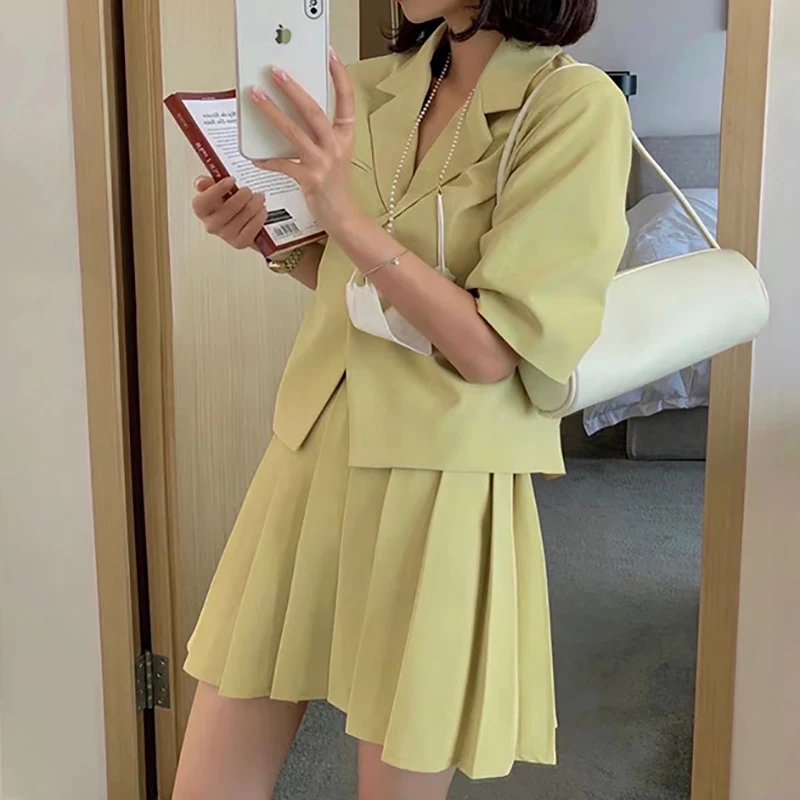 Syiwidii Women Skirt Suits Set 2021 Yellow Green 2 Piece Jacket Work M