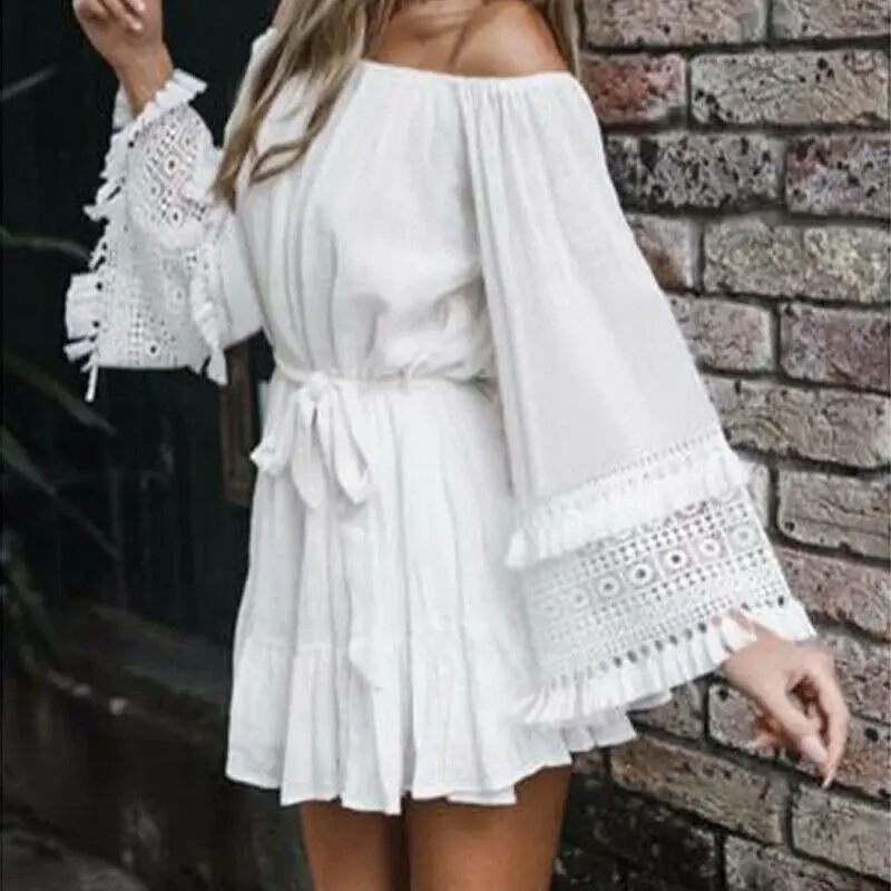 Boho Summer Dress Women New Stitching Slash Neck Flare Sleeve Dress Ladies Vestito Solid Color Beach Mini Dress Lady Sundress