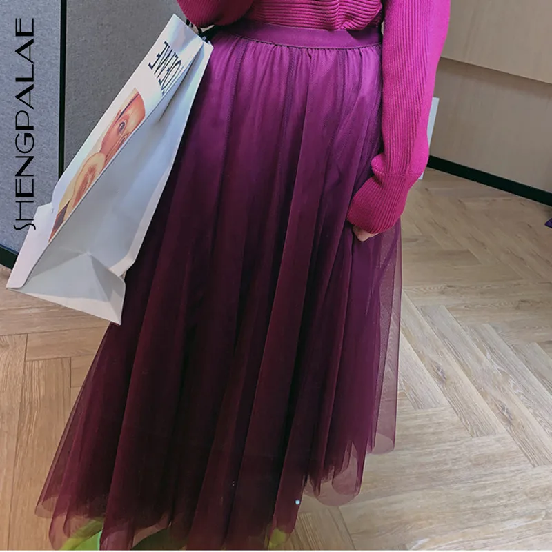 SHENGPALAE осень Новая модная длинная однотонная сетчатая юбка черная свободная Высокая талия Повседневная Уличная одежда Faldas Mujer Moda FT944