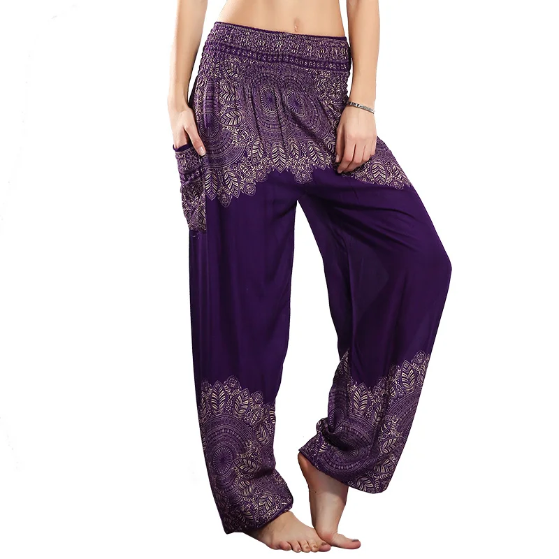 Print 2 Purple CHLEISURE 10 Цветов Летний Пляж Чешские Женские Брюки Высокой Талии Шаровары Плюс Размер Свободной Печати Шаровары Брюки Женщин - Цвет: Print 2 Purple