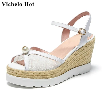 

Vichelo Hot genuine leather lace peep toe high heels straw wedges pearl decorations sexy lady vacation leisure sandals women L72