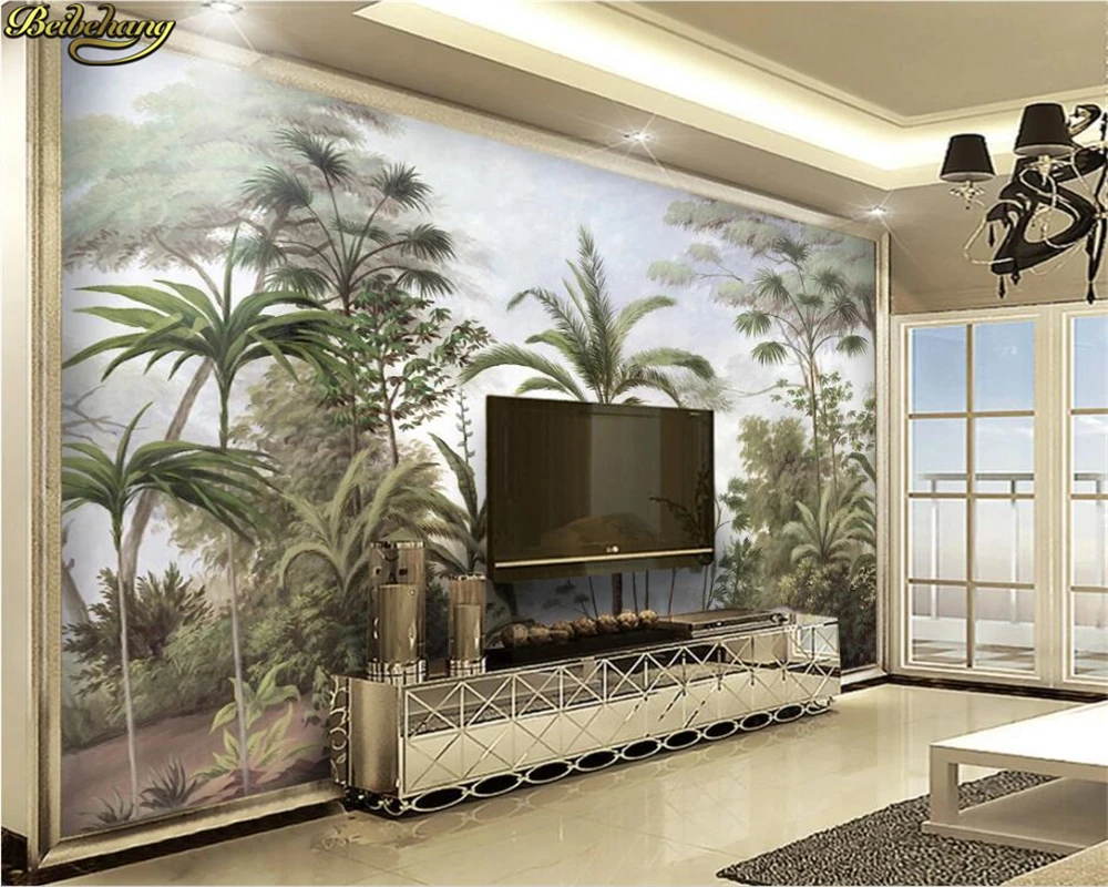 beibehang Custom wallpaper mural Nordic hand-painted small fresh tropical plants rainforest background mural papel de parede