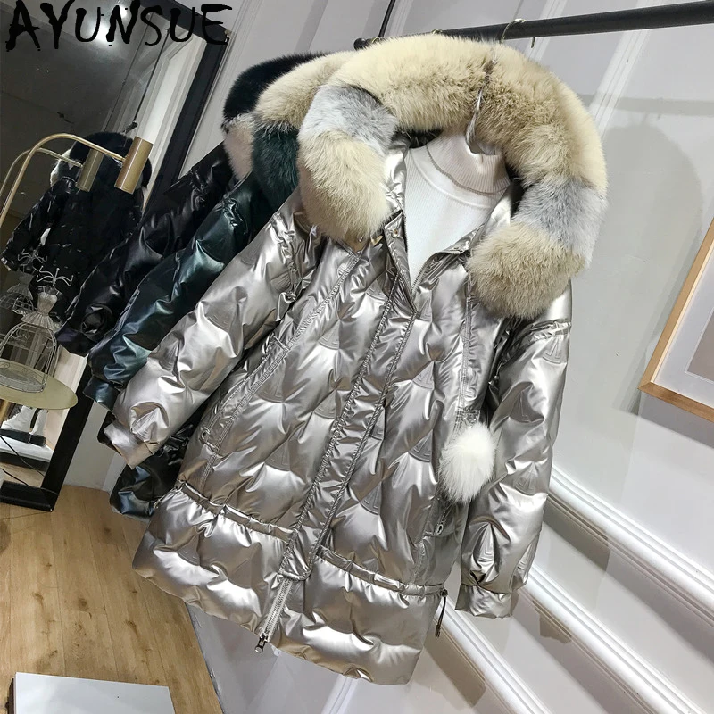 AYUNSUE зимняя куртка из утиного пуха для женщин с капюшоном Большие размеры Лисий