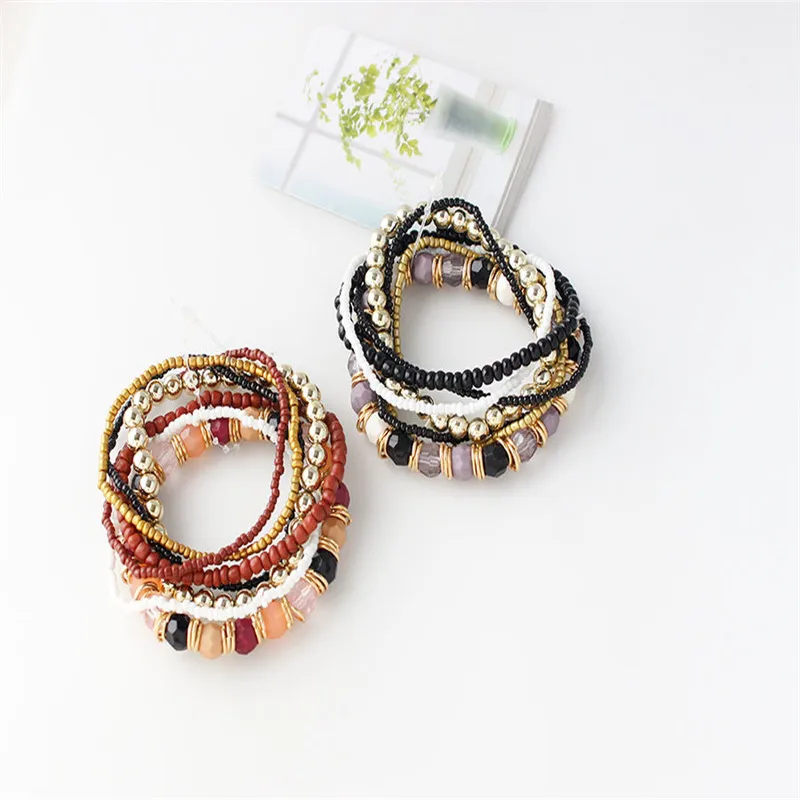 

7 Pcs/Set Four Seasons Bohemian Multi-layer Beaded Jewelry and Women Elastic Bracelet 2019 New