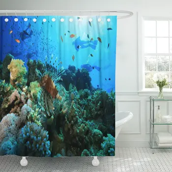 

Red Underwater Coral Reef and Scuba Divers Blue Sea Shower Curtain Waterproof Polyester Fabric 72 x 78 Inches with Hooks