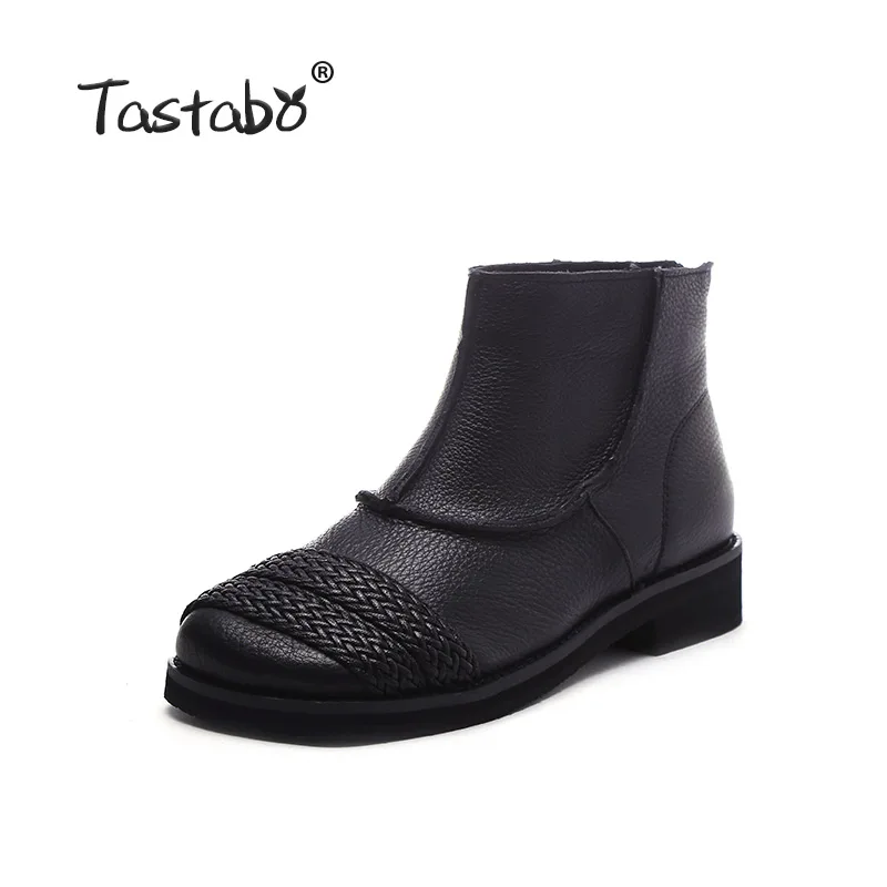 Tastabo Genuine Leather ladies ankle boots Hand-knit style Women's boots Brown Black SH708 Low heel Soft Women's shoes Casual