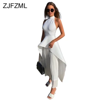 

Sexy Black White Color Block Elegant 2 Piece Set Women Halter Neck Backless Split Tops + Chiffon Pleated Maxi Skirt Club Outfit