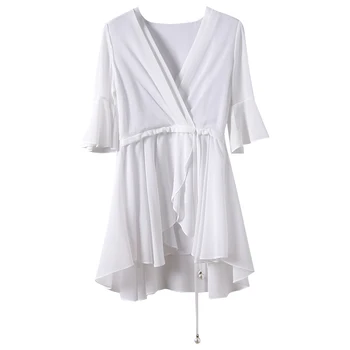 

Chiffon Women Blouse 2020 Summer New Solid Ruffles Flare Sleeved Loose Long Slim Office Lady Elegant Pulls Outwear Tops