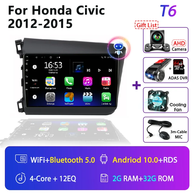 For Honda Civic 2012-2015 Android Car Radio 2 Din GPS navigation Multimedia Video Player RDS DSP 4G DVD Screen Floating stereo T6 DVR Cam 2G 32G