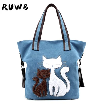 

RUWB Winter Fashion Embroidered Women Canvas Bag Ladies Casual Lovely Cat Pattern Tote Bags Female Shopping Top Handle Handbag