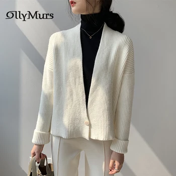 

Single Button Knitted Cardigans KM047 Solid Loose Short Women's Sweaters V-Neck Casual Knit Outerwear Long Sleeve Cardigan
