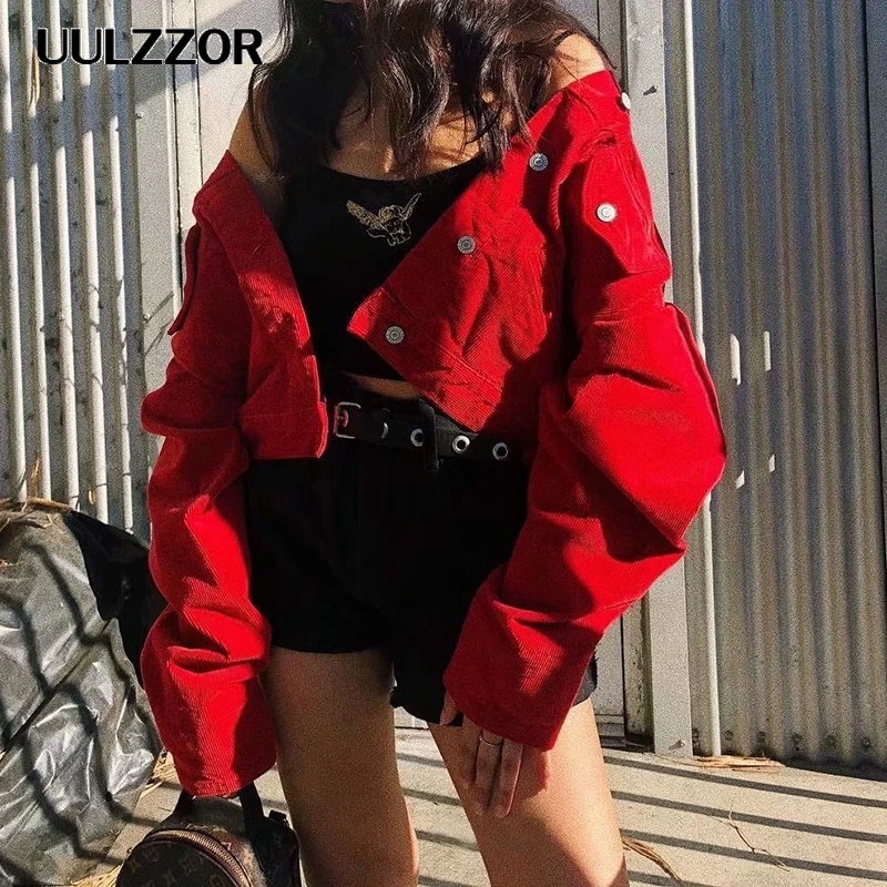 

UULZZOR Women Basic Coats Corduroy Jacket Vintage Long Sleeve Jeans Jackets Slim Female Coat Casual Outwear Tops Windbreaker New