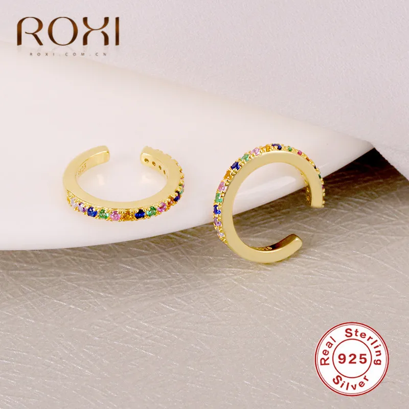 ROXI 925 пробы Серебряная Ушная манжета, не пирсинг, серьги, форма C, Радужный кристалл, клипсы, серьги для женщин, модное ювелирное изделие, серьги-манжеты