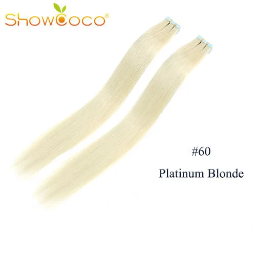 ShowCoco волосы remy на ленте, натуральные человеческие волосы для наращивания, балаяж, высокий светильник, цветные волосы на ленте, натуральные волосы для наращивания 1"-24" - Цвет: 60