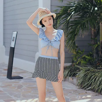 

Brazilian Bikini Swimsuit For Girls Separate Two Piece Swimwear Women Badpak Female Lovely Blue 2020 New Three Split Plaid