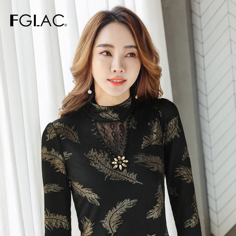 

FGLAC Women tops New 2019 Autumn long sleeve turtleneck long sleeve mesh t-shirt Hollow out diamonds winter shirt women tops