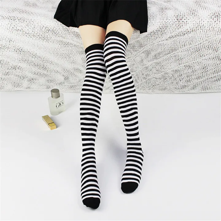 Полосатые носки, гетры, вязаные, с тремя полосками, черные и белые, хлопковые, комбинированные, женские, длинные носки, тонкие, выше колена, носки - Цвет: 7