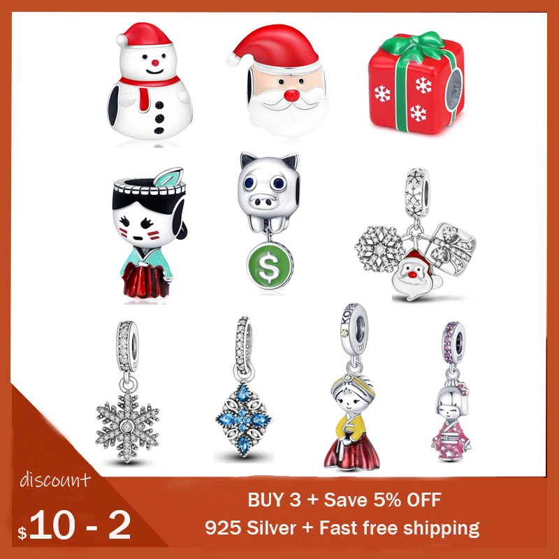

925 Sterling Silver Santa Claus snowflake pendant Beads For Original Pandora Bracelet Necklace DIY Jewelry Making Christmas gi