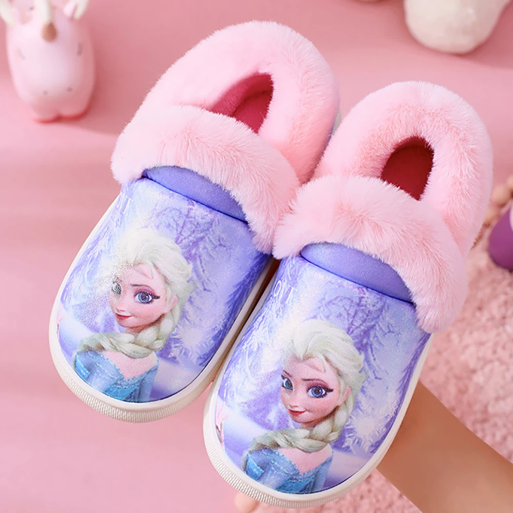 Disney Cartoon Home Cotton Slippers For Girls Frozen Elsa Indoor Shoes Little Child Kids Plush Nonslip Warm Floor Slipper Winter