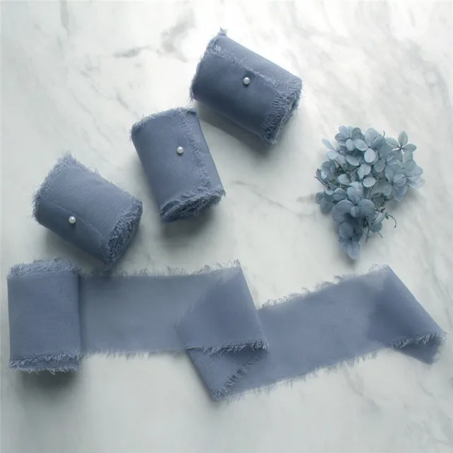 Frayed Chiffon Silk Ribbon, Chiffon Ribbon Dusty Blue