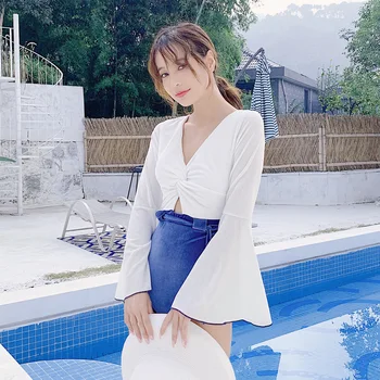 

One Piece Swimsuit Woman Swimwear With Push Up Women's Beach Outings 2018 Female Fused 2019 New Bubble Long Sleeve Sexy Korean