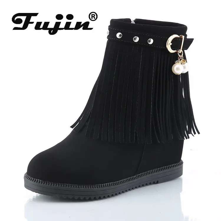 

Fujin Women Boots Winter Plush Warm Fur Booties for Women Winter Boots Pearl Tassel Platform Wedge Shoes Flock Winter
