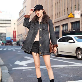 

2020 Winter New Korean Version The Fox Big Fur Collar Denim Jacket Female Mid-length Lamb Wool Loose Warm Denim Cotton Coat 831